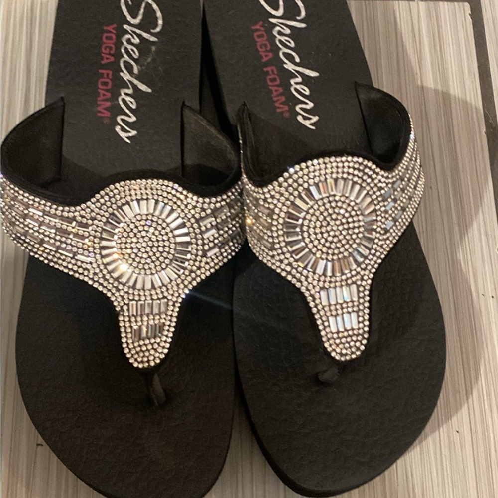 Skechers Women's Black Sandals with Silver Embellishments